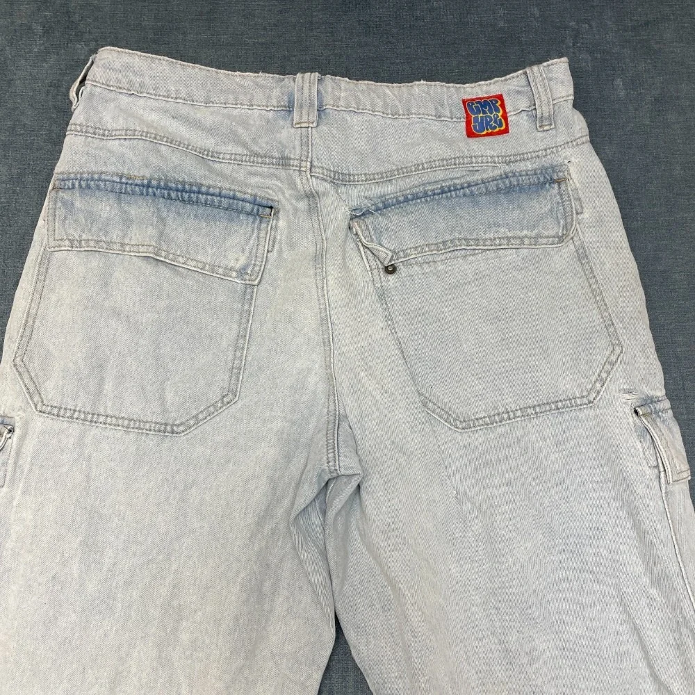 Empyre Loose Fit Cargo Jeans Mens 32 Blue Denim Flat Front Pockets Embroidered